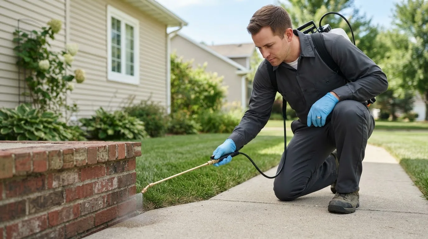 Pest control technician treating a home near Northboro, IA