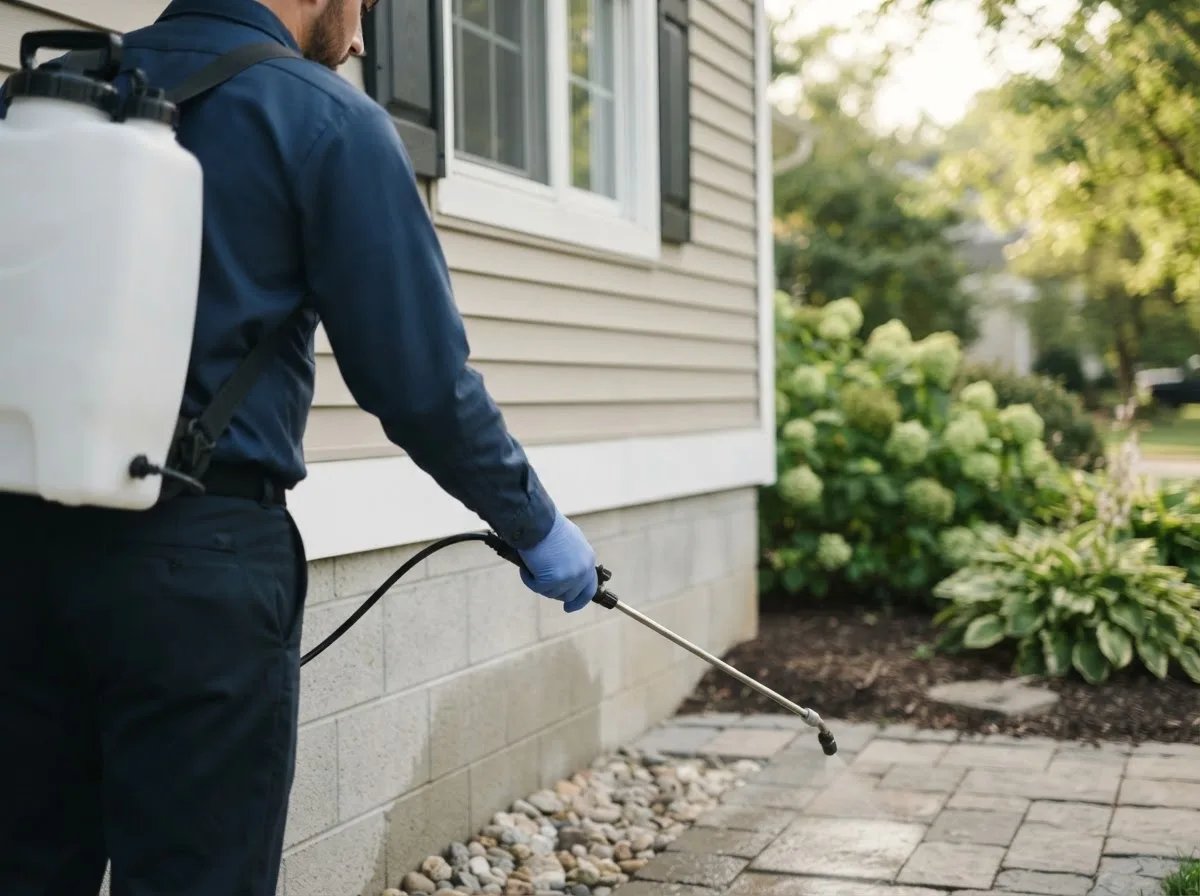 Pest control technician inspecting a home in Northboro, IA